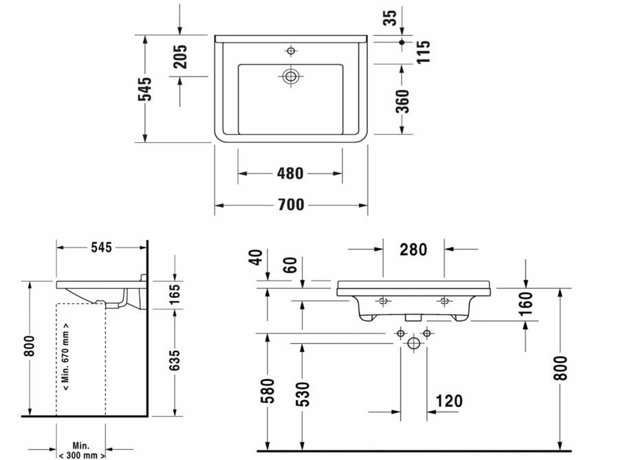 DURAVIT STARCK 3 bezbariérové umyvadlo 70 cm, s otvorem pro baterii a přepadem