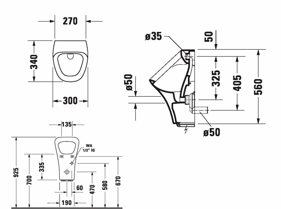 DURAVIT DURASTYLE pisoár s elektronickým splachovačem, napájení ze sítě, zadní přívod vody