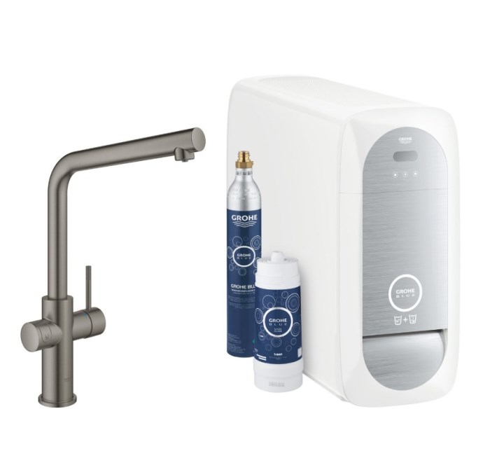 GROHE BLUE HOME dřezová elektronická baterie, s filtračním a chladícím zařízením, Bluetooth, napájení ze sítě, kartáčovaný hard graphite