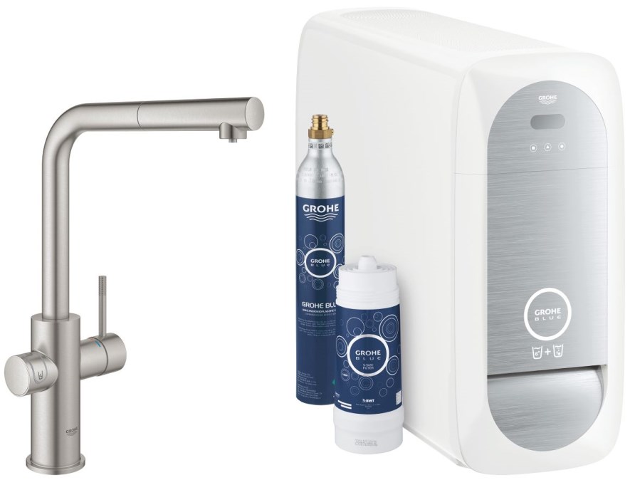 GROHE BLUE HOME dřezová elektronická baterie, s vytahovací koncovkou, s filtračním a chladícím zařízením, Bluetooth, napájení ze sítě, supersteel