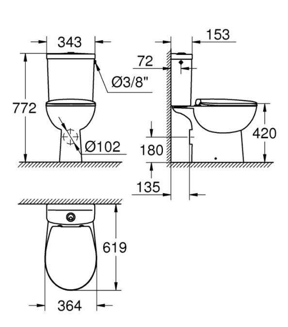 GROHE BAU CERAMIC WC kombi, se SoftClose sedátkem, Rimless splachování, zadní odpad, Dual-Flush, boční napouštění, alpská bílá
