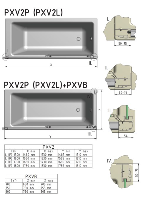 ROTH PROXIMA PXV2L/1700 vanová zástěna 170x150 cm, levá, posuvná, brillant/sklo transparent