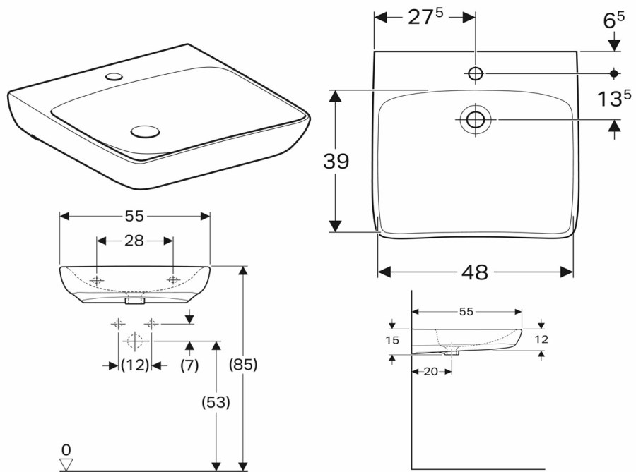 GEBERIT SELNOVA COMFORT bezbariérové umyvadlo 55 cm, s otvorem pro baterii, bez přepadu