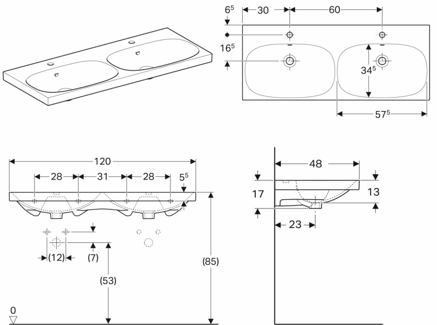 GEBERIT ACANTO dvojumyvadlo 120 cm, se 2 otvory pro baterie a přepadem