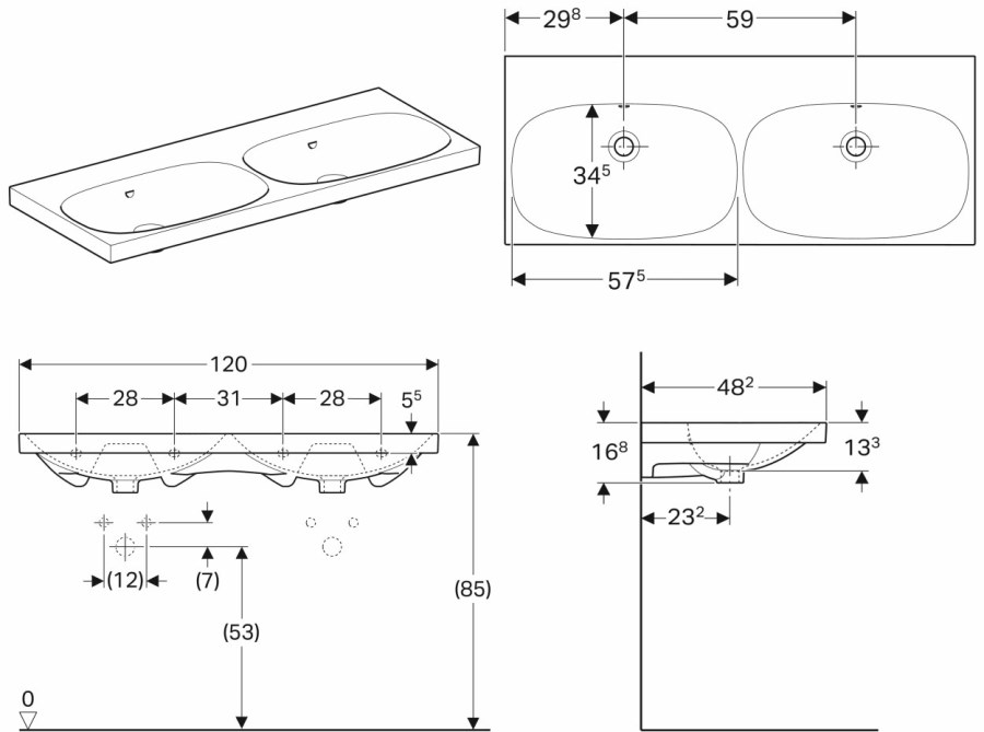 GEBERIT ACANTO dvojumyvadlo 120 cm, s přepadem, KeraTec