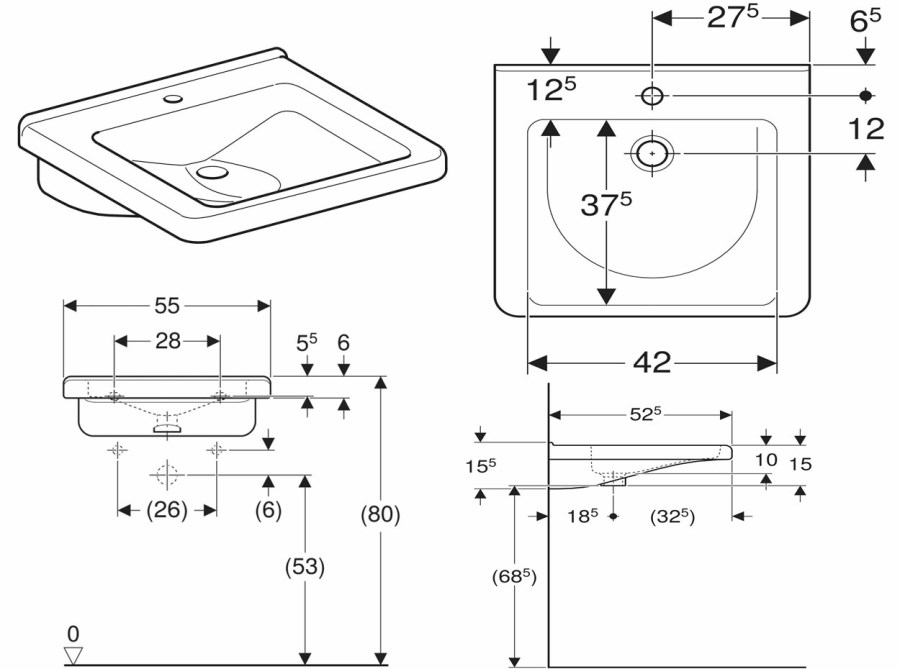 GEBERIT SELNOVA COMFORT SQUARE bezbariérové umyvadlo 55 cm, s otvorem pro baterii, bez přepadu