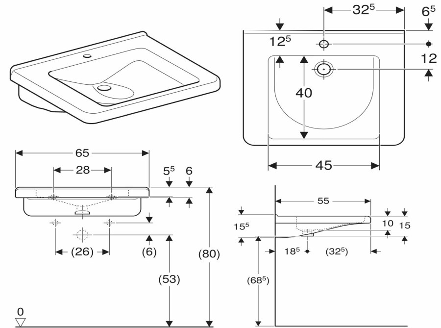 GEBERIT SELNOVA COMFORT SQUARE bezbariérové umyvadlo 65 cm, s otvorem pro baterii, bez přepadu