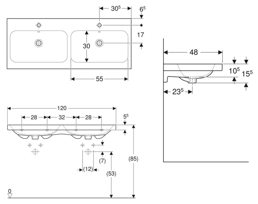 GEBERIT ICON LIGHT dvojumyvadlo 120 cm, se 2 otvory pro armaturen a přepadem, KeraTect
