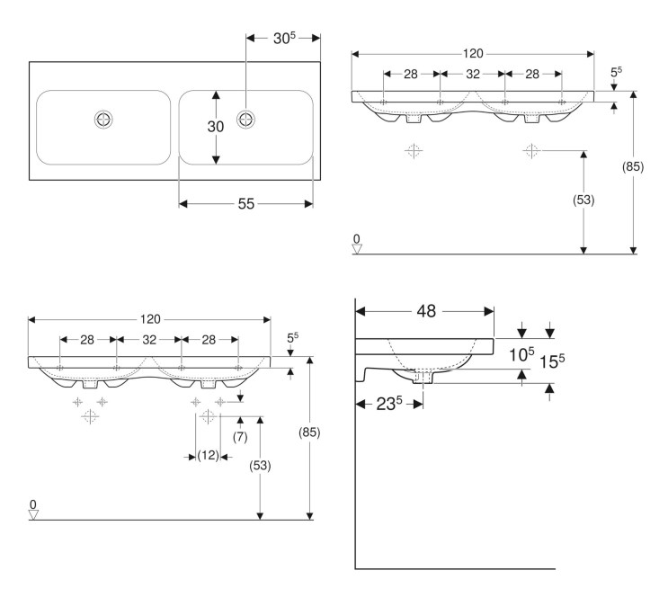 GEBERIT ICON LIGHT dvojumyvadlo 120 cm, se 2 otvory pro baterie, bez přepadu, KeraTect