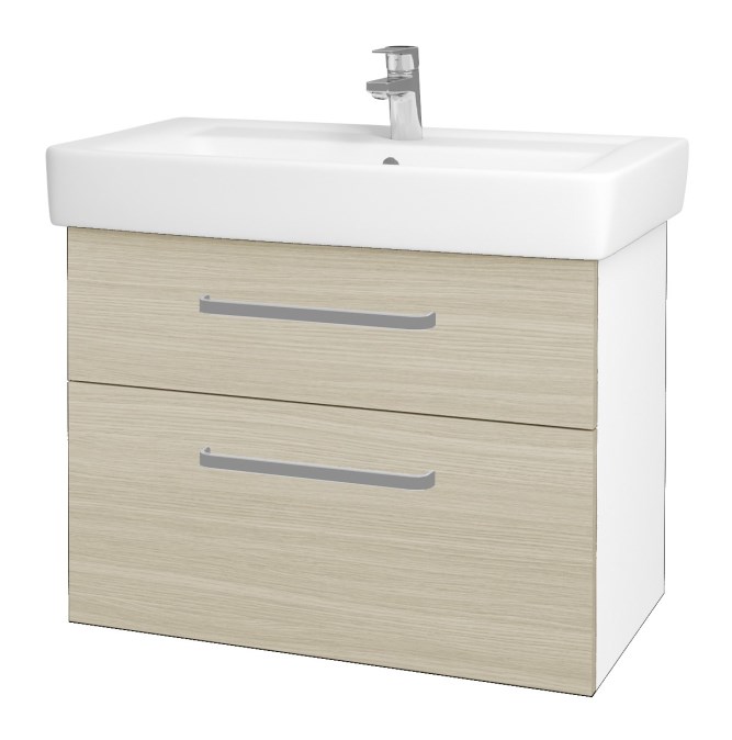 DŘEVOJAS Q MAX SZZ2 80 skříňka s umyvadlem 80x47,5x56 cm, 2 zásuvky, úchytka hliník mat, lesklá bílá/dub