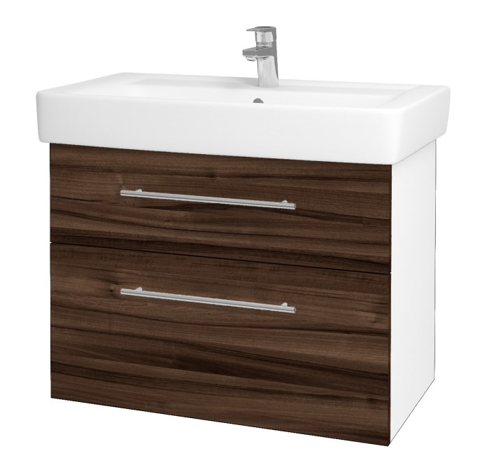 DŘEVOJAS Q MAX SZZ2 80 skříňka s umyvadlem 80x47,5x56 cm, 2 zásuvky, úchytka ocel, lesklá bílá/ořech