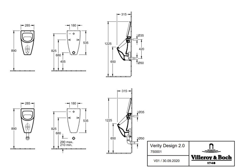 VILLEROY & BOCH VERITY DESIGN 2.0 pisoár, zadní přívod vody, alpská bílá, CeramicPlus