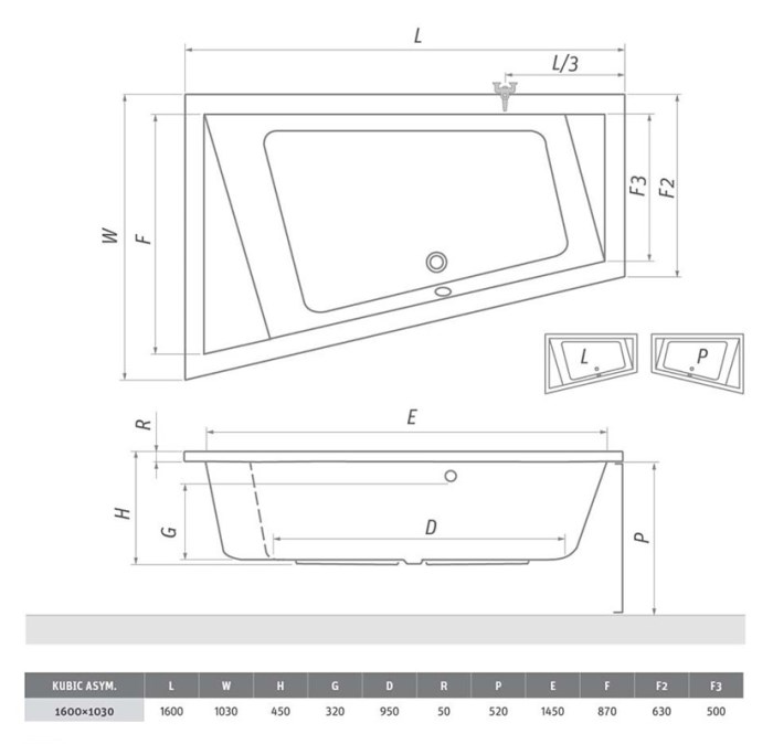 ROTH KUBIC ASYMMETRIC 160 čelní panel k vaně 160x63x52 cm