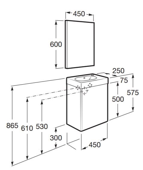 ROCA PACK MINI skříňka s umývátkem 45x25x57,5 cm, 1 dvířka, se zrcadlem, bílá