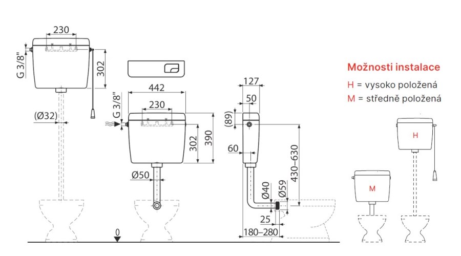 ALCA A930-H-3/8 UNI DUAL WC nádržka, boční přívod vody, Dual splachování