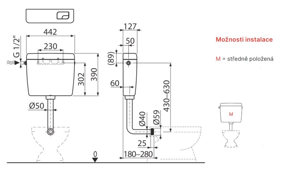 ALCA A930-M-1/2 UNI DUAL WC nádržka, boční přívod vody, Dual splachování