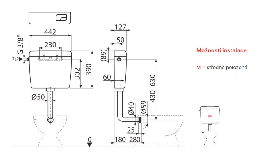 ALCA A930-M-3/8 UNI DUAL WC nádržka, boční přívod vody, Dual splachování