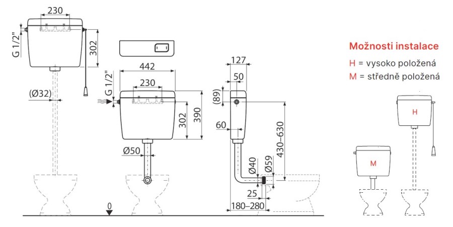 ALCA A940-H-1/2 UNI DUAL WC nádržka, boční přívod vody, Start-Stop