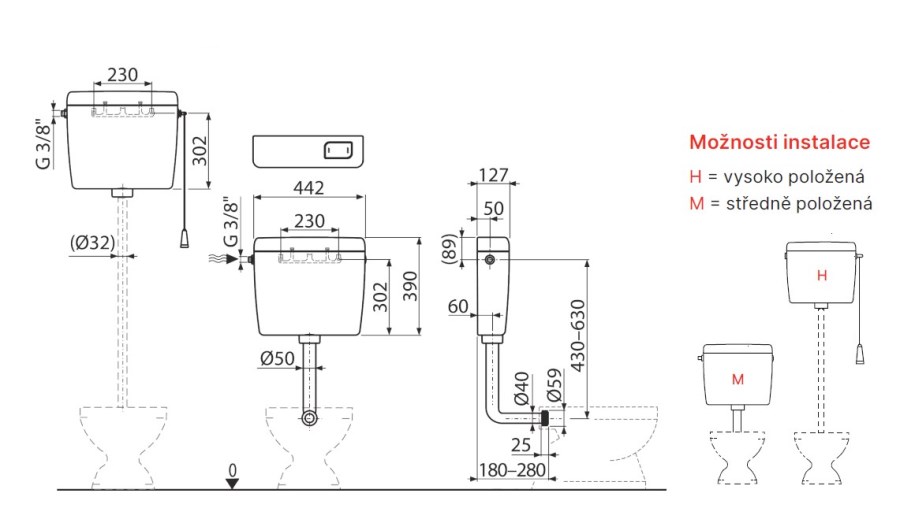 ALCA A940-H-3/8 UNI DUAL WC nádržka, boční přívod vody, Start-Stop