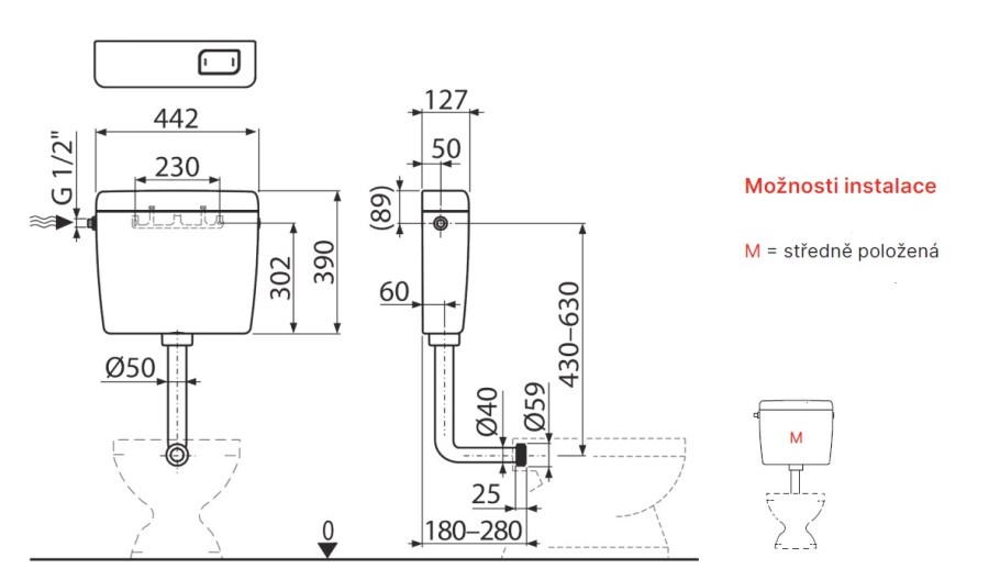 ALCA A940-M-1/2 UNI DUAL WC nádržka, boční přívod vody, Start-Stop