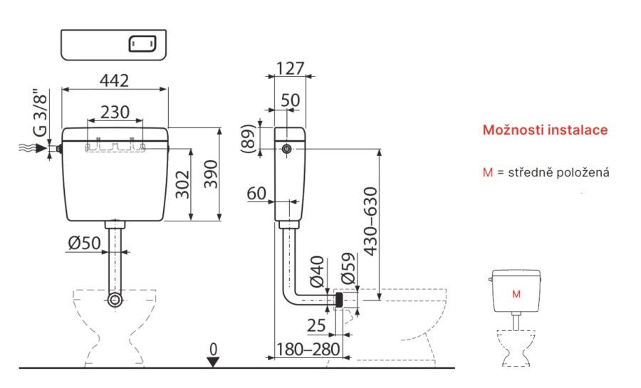 ALCA A940-M-3/8 UNI DUAL WC nádržka, boční přívod vody, Start-Stop
