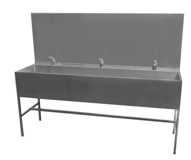 AZP BRNO mycí žlab 190 cm, na podlahu, 3 termostatické senzorové baterie, napájení ze sítě, nerez