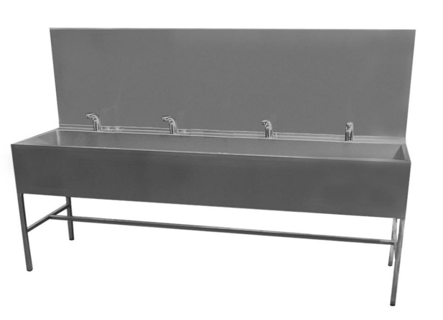 AZP BRNO mycí žlab 250 cm, na podlahu, 4 termostatické senzorové baterie, napájení ze sítě, nerez