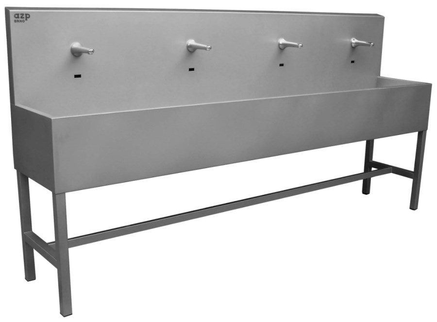 AZP BRNO mycí žlab 250 cm, na podlahu, 4 termostatické senzorové baterie, napájení ze sítě, nerez