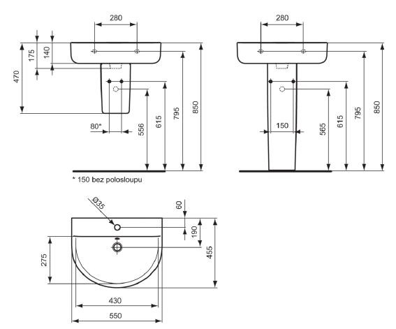 IDEAL STANDARD CONNECT ARC umyvadlo 55 cm, s otvorem pro baterii a přepadem