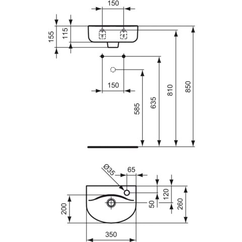 IDEAL STANDARD CONNECT ARC umývátko 35 cm, s otvorem pro baterii vpravo a přepadem