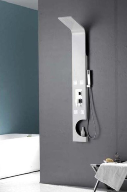 SANJET ORTOSIA hydromasážní sprchový panel s baterií, horní sprcha, ruční sprcha, boční trysky, hadice, matná bílá/chrom