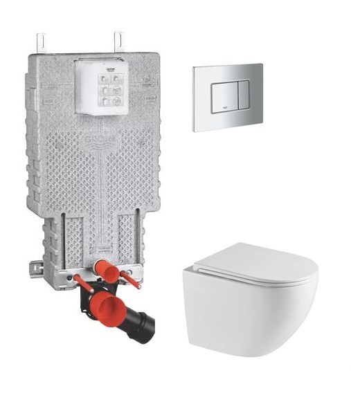 BASIC PRO závěsné WC s montážním prvkem Grohe Uniset, Tornado Flush splachování, SoftClose sedátko, chromové tlačítko