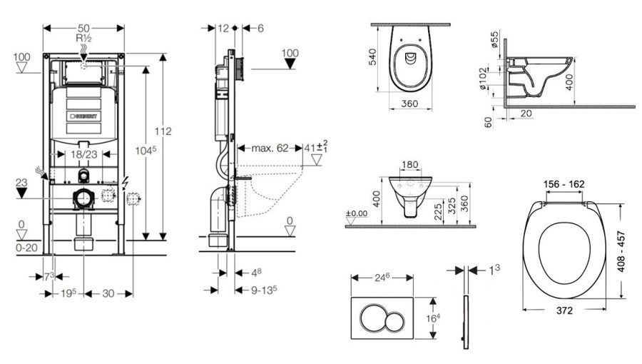 CONCEPT 100 závěsné WC s montážním prvkem Duofix, sedátko, bílé tlačítko