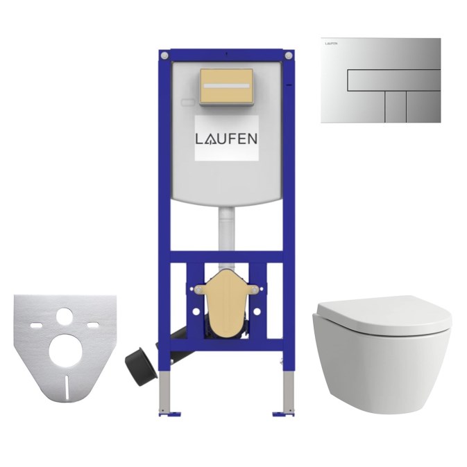 LAUFEN FIORA závěsné WC s montážním prvkem Laufen Ineo CW102, Rimless splachování, SoftClose sedátko, chromové tlačítko