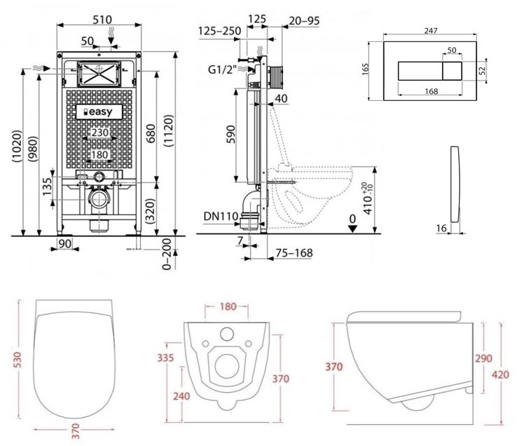 ARTCERAM FILE 2.0 závěsné WC s montážním prvkem Easy Sádromodul, Rimless splachování, SoftClose sedátko, černé tlačítko