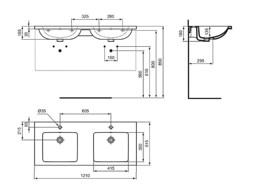 IDEAL STANDARD I.LIFE B dvojumyvadlo 121 cm, se 2 otvory pro baterie a přepadem