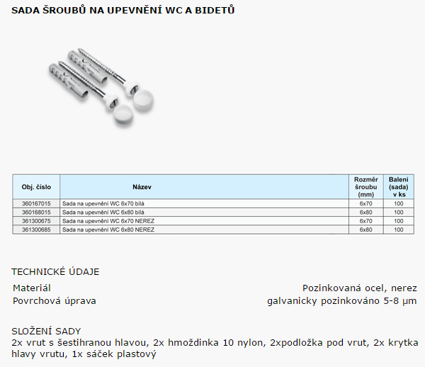 Sada na upevnění WC a bidetů 6x80mm, nerez