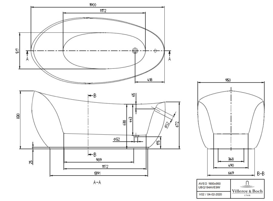 VILLEROY & BOCH AVEO volně stojící vana 190x95 cm, quaryl, bílá alpin