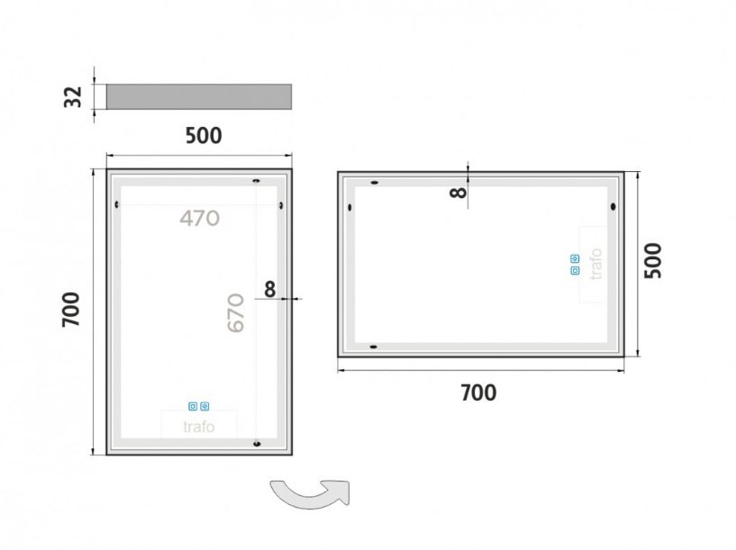 NIMCO ZP 13000 zrcadlo 50x70 cm, reverzibilní, s osvětlením, s regulací stmívání a teploty světla, se dvěma senzory