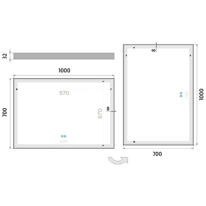 NIMCO ZP 13000 zrcadlo 100x70 cm, reverzibilní, s osvětlením, s regulací stmívání a teploty světla, se dvěma senzory