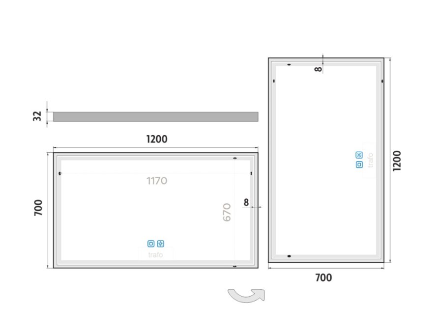 NIMCO ZP 13000 spiegel 120x70 cm, reverzibilní, s osvětlením, s regulací stmívání a teploty světla, se dvěma senzory