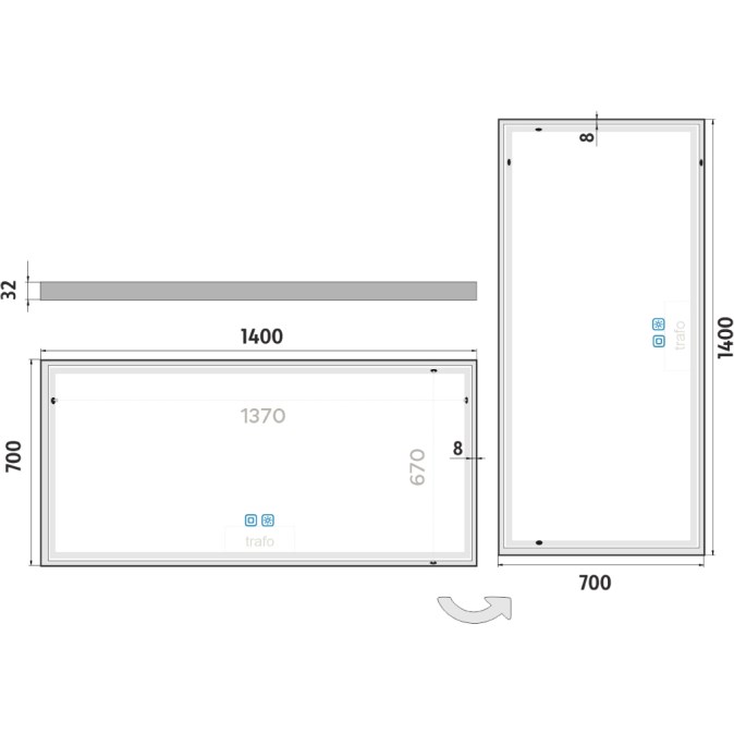 NIMCO ZP 13000 zrcadlo 140x70 cm, reverzibilní, s osvětlením, s regulací stmívání a teploty světla, se dvěma senzory