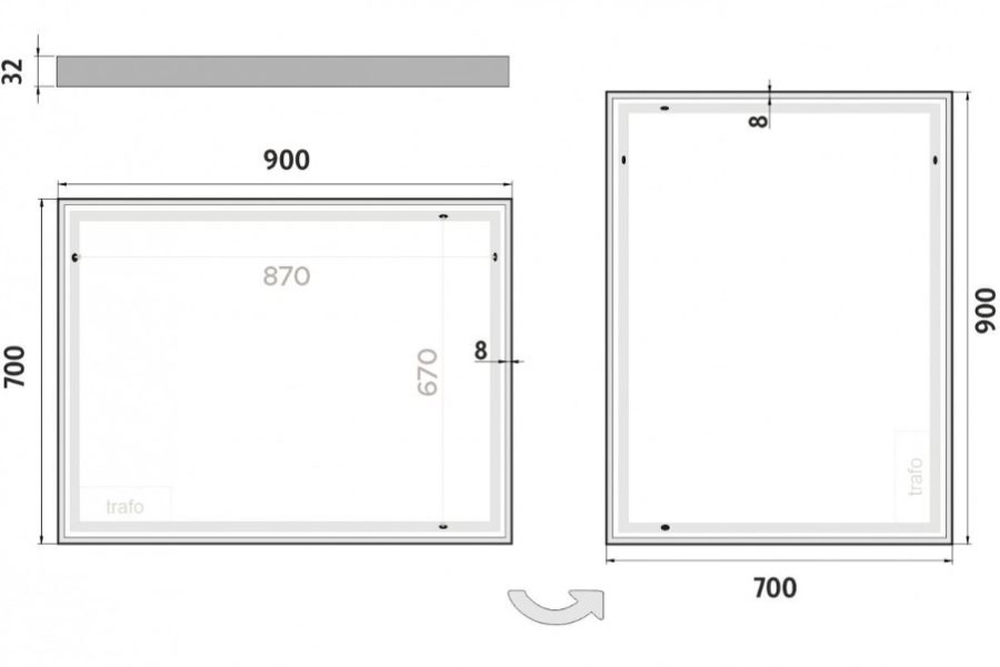 NIMCO ZP 13000 mirror 90x70 cm, reverzibilní, s osvětlením