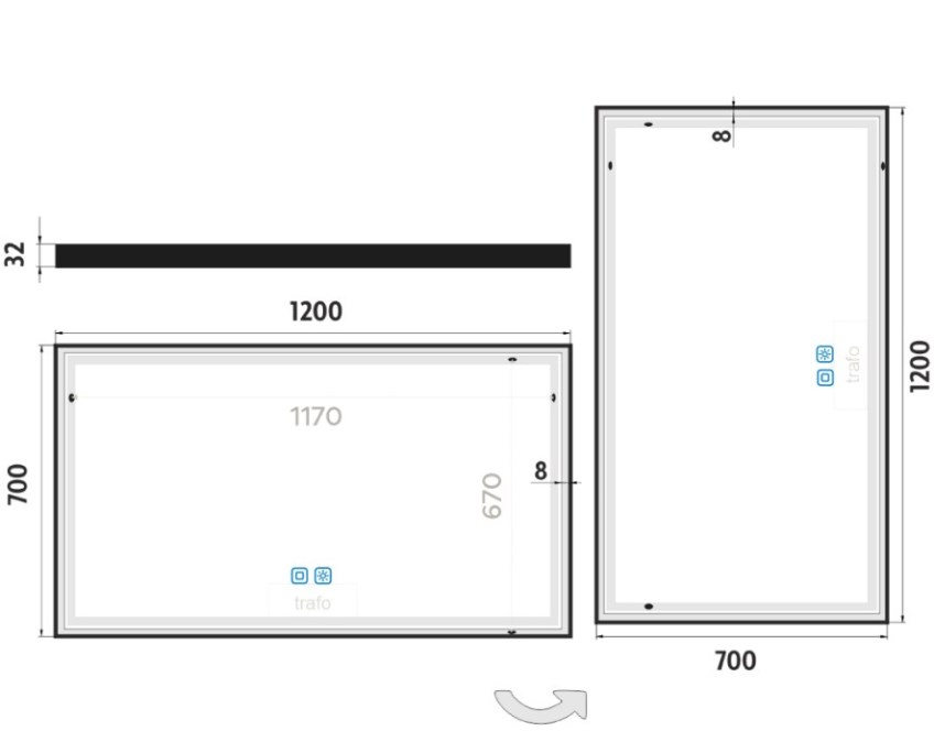 NIMCO ZP 13000 zrcadlo 120x70 cm, reverzibilní, s osvětlením, s regulací stmívání a teploty světla, se dvěma senzory